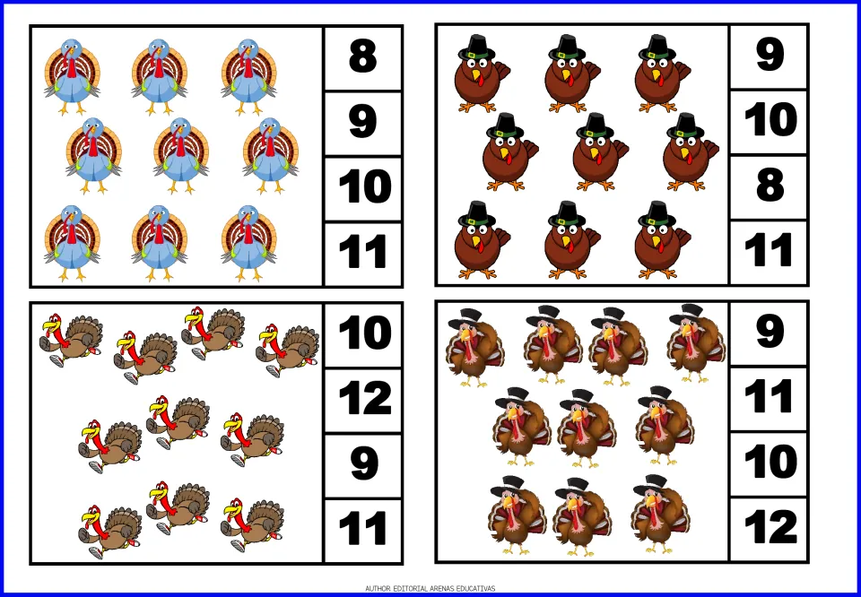 Counting cards 17–20: two groups of nine turkeys and two groups of ten turkeys, with four choices each
