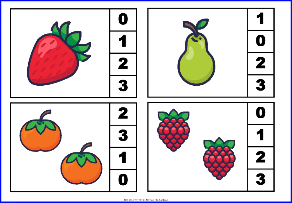 Counting cards 1–4 show one strawberry, one pear, two oranges, and two raspberries, with number choices