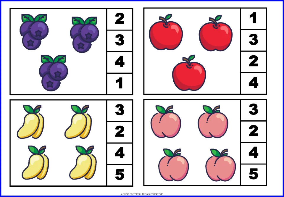 Counting cards 5–8 show three blueberry clusters, three apples, four mango pictures, and four peaches