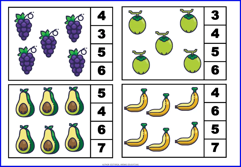 Counting cards 9–12 show five grape bunches, five coconuts, six avocado halves, and six banana pictures
