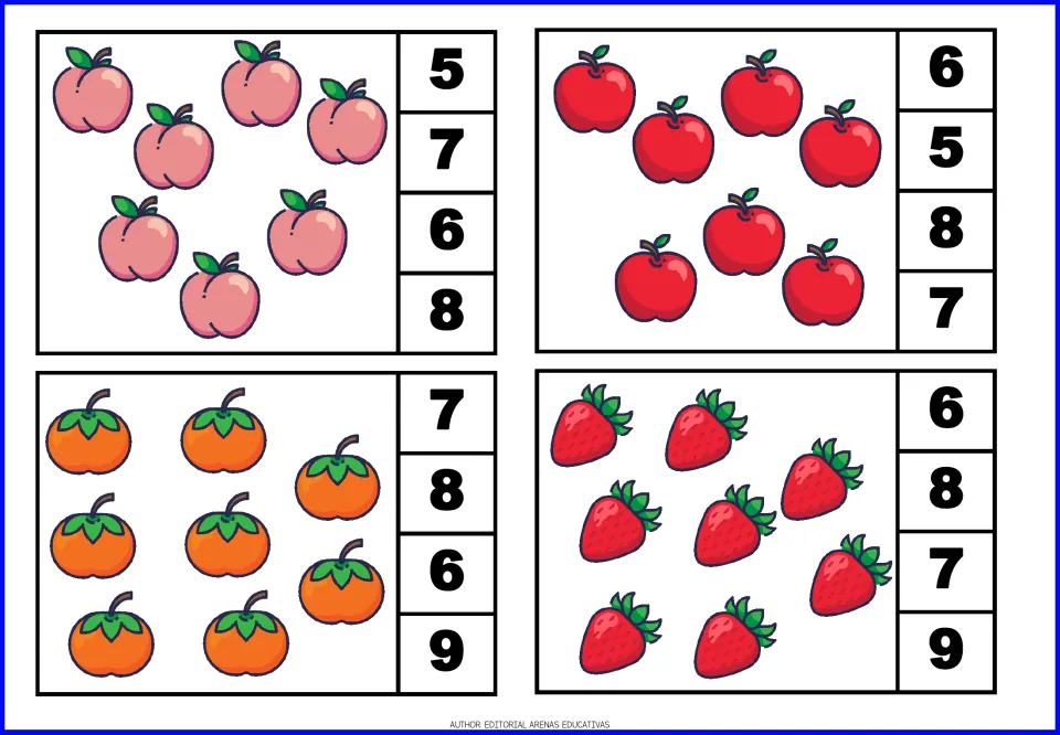 Counting cards 13–16 show seven peaches, seven apples, eight oranges, and eight strawberries