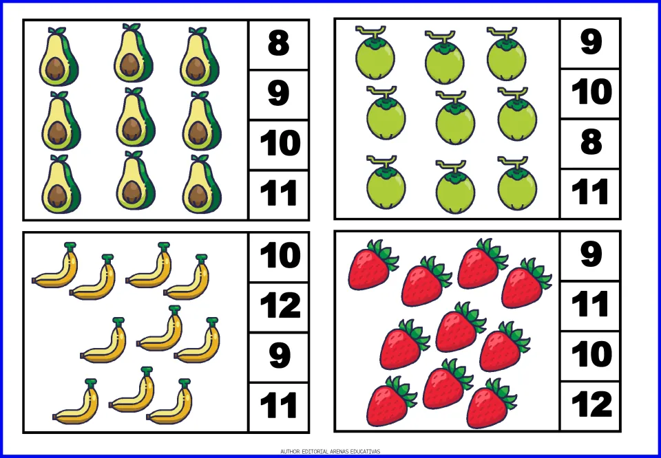 Counting cards 17–20 show nine avocado halves, nine coconuts, ten banana pictures, and ten strawberries