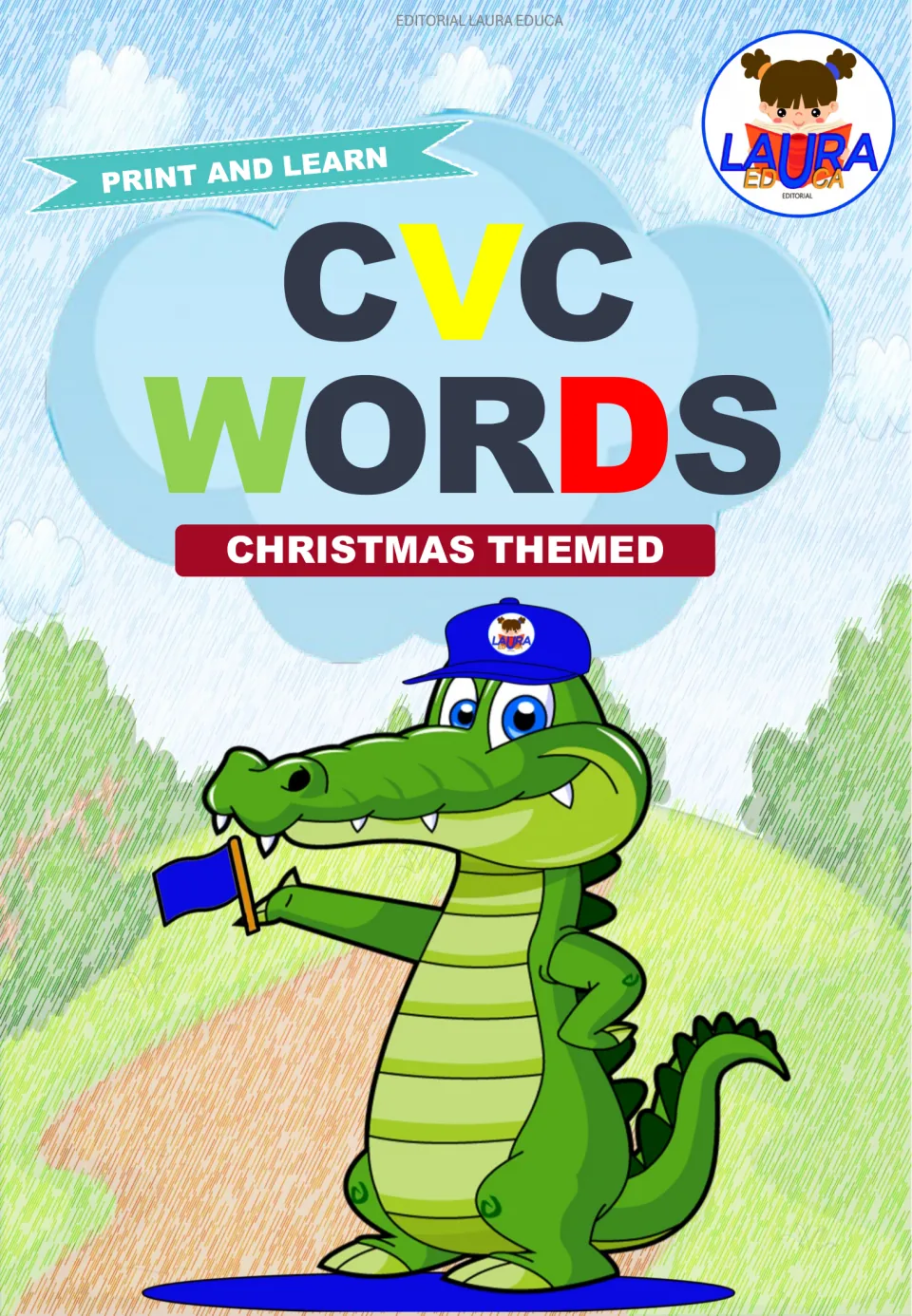 Cover of the Christmas-themed word memory game, labeled 'Print and Learn' and 'CVC Words'
