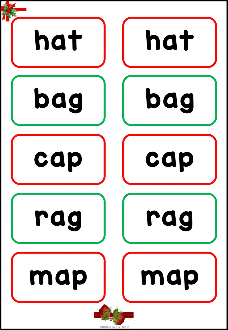 First sheet of memory game cards: hat, bag, cap, rag, and map, each printed twice for 10 word cards