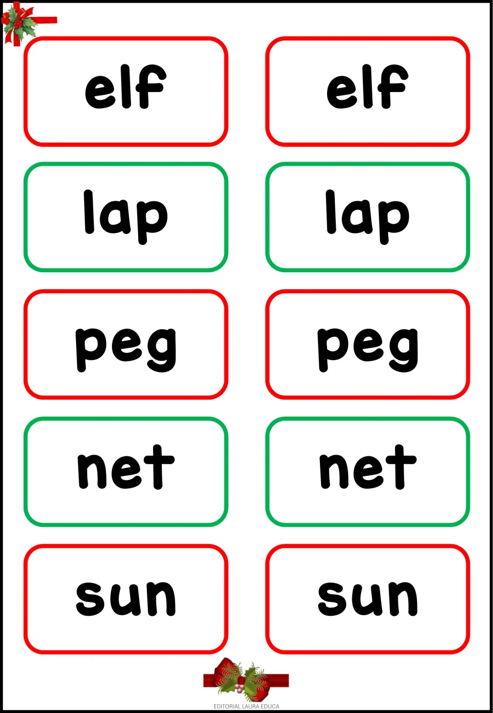 Second sheet of memory game cards: elf, lap, peg, net, and sun, each printed twice for 10 word cards