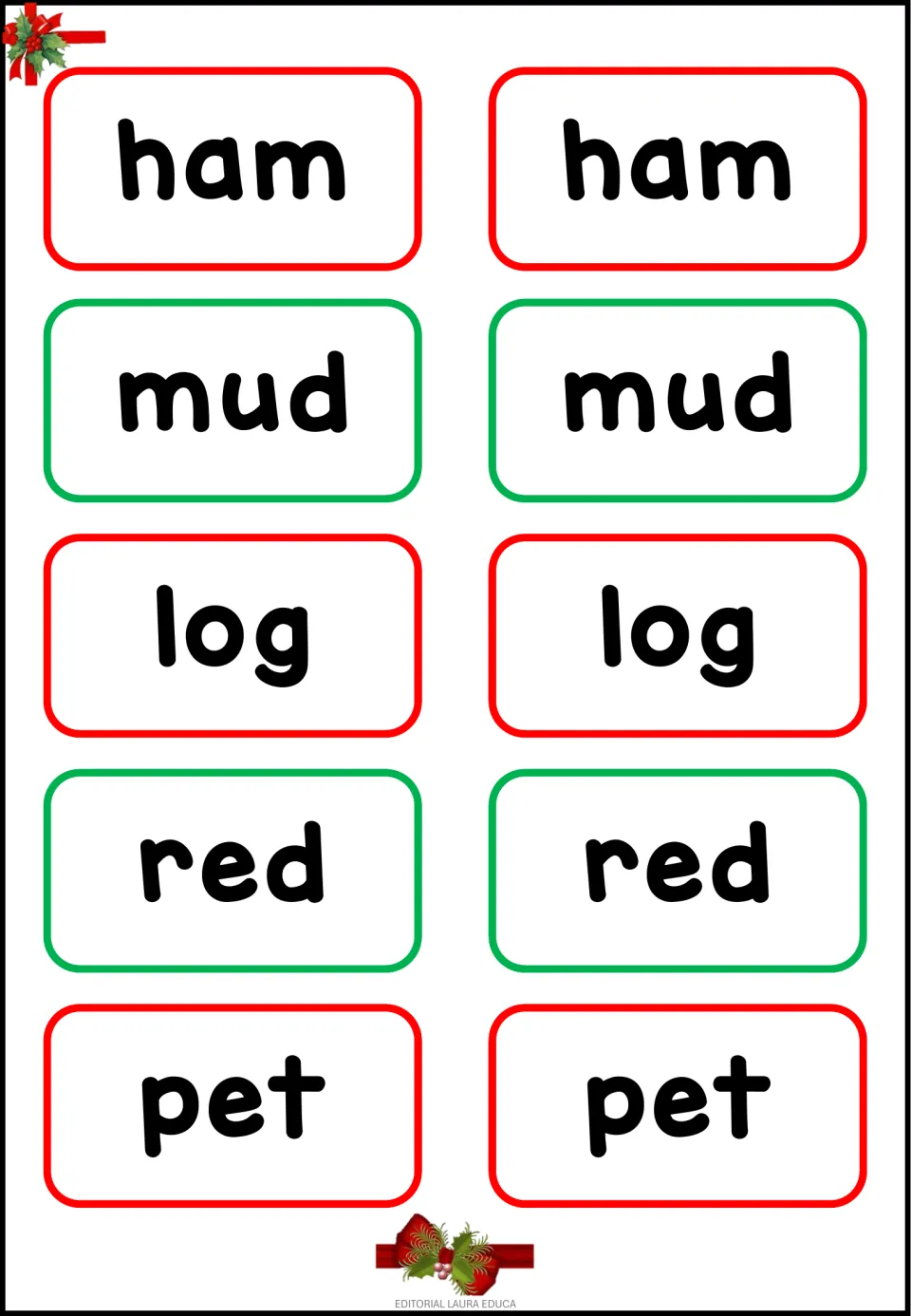 Third sheet of memory game cards: ham, mud, log, red, and pet, each printed twice for 10 word cards