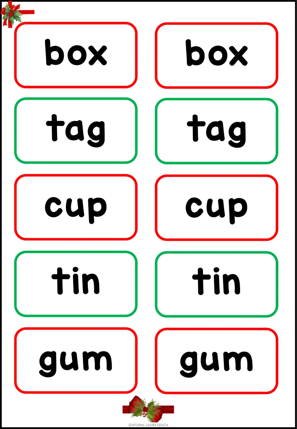 Fourth sheet of memory game cards: box, tag, cup, tin, and gum, each printed twice for 10 word cards