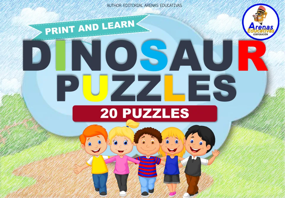Cover of Dinosaur Puzzles, labeled 'Print and Learn' and '20 Puzzles,' by Editorial Arenas Educativas