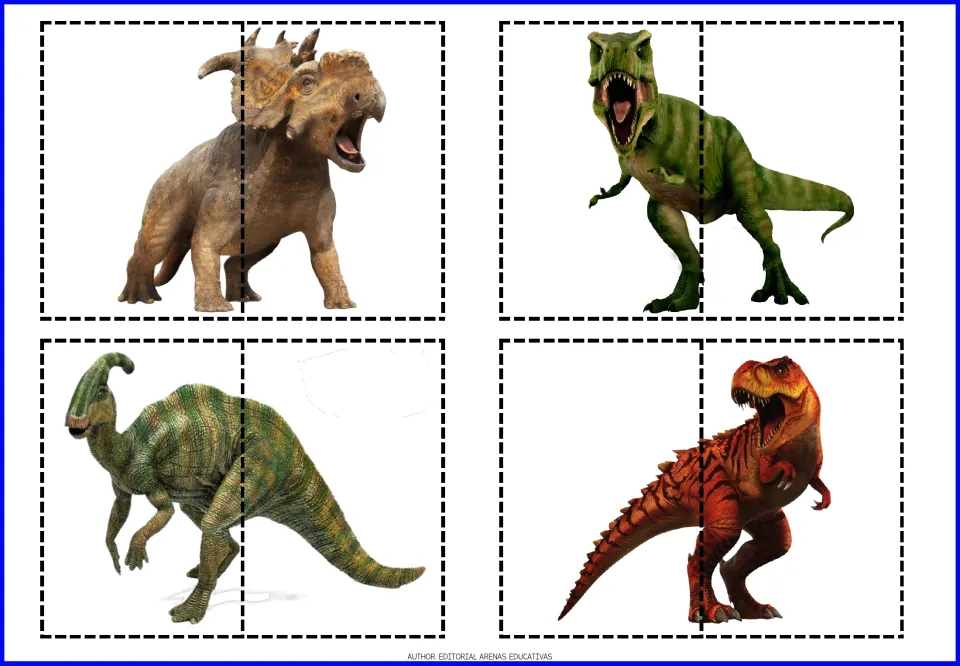 Two-piece cut-and-paste puzzles 1–4: a horned dinosaur, a green predator, a crested dinosaur, and a red predator