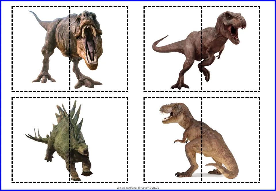 Two-piece cut-and-paste puzzles 5–8: three large, toothy dinosaurs and one dinosaur with tall back plates