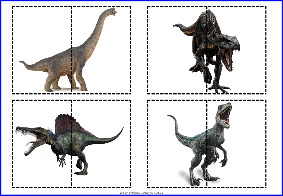 Two-piece cut-and-paste puzzles 9–12: a long-necked dinosaur, a dark predator, a sail-backed dinosaur, and a raptor