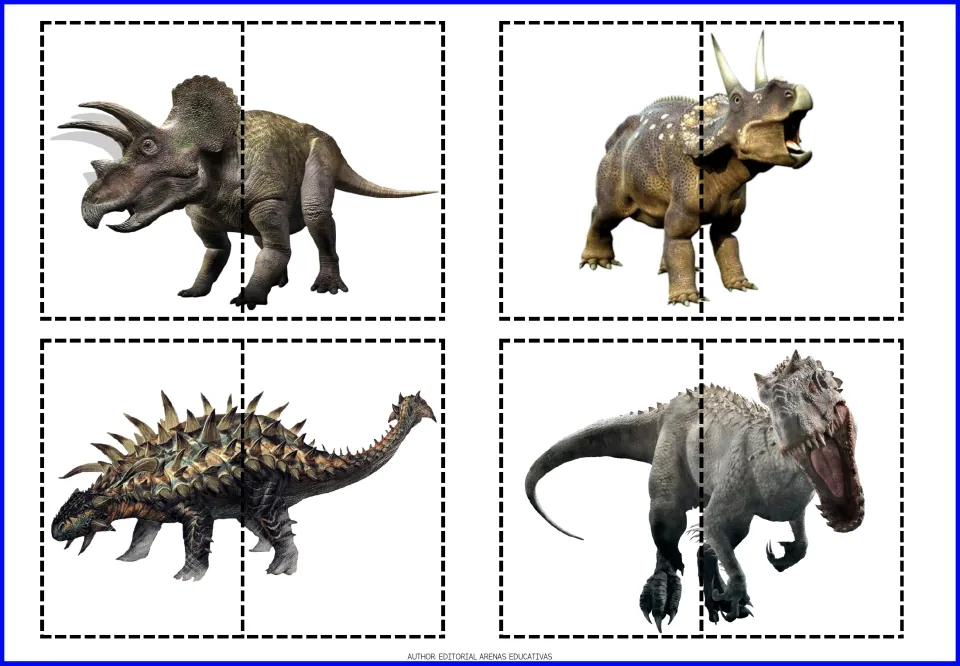 Two-piece cut-and-paste puzzles 13–16: two horned dinosaurs, a spiky armored dinosaur, and a gray predator