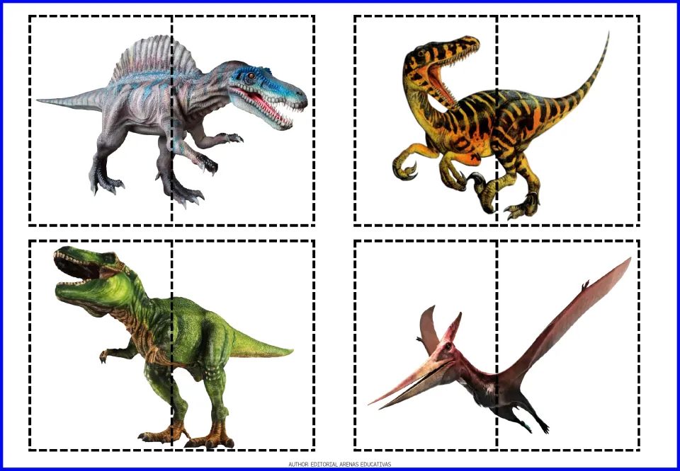 Two-piece cut-and-paste puzzles 17–20: a sail-backed dinosaur, a striped raptor, a green predator, and a pterosaur