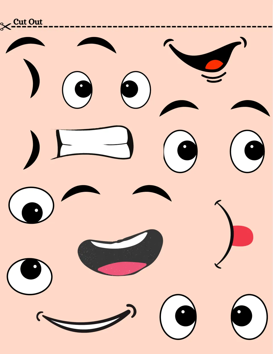 First facial-feature cutout sheet for the light-skinned face: eyes, eyebrows, smiles, and clenched teeth