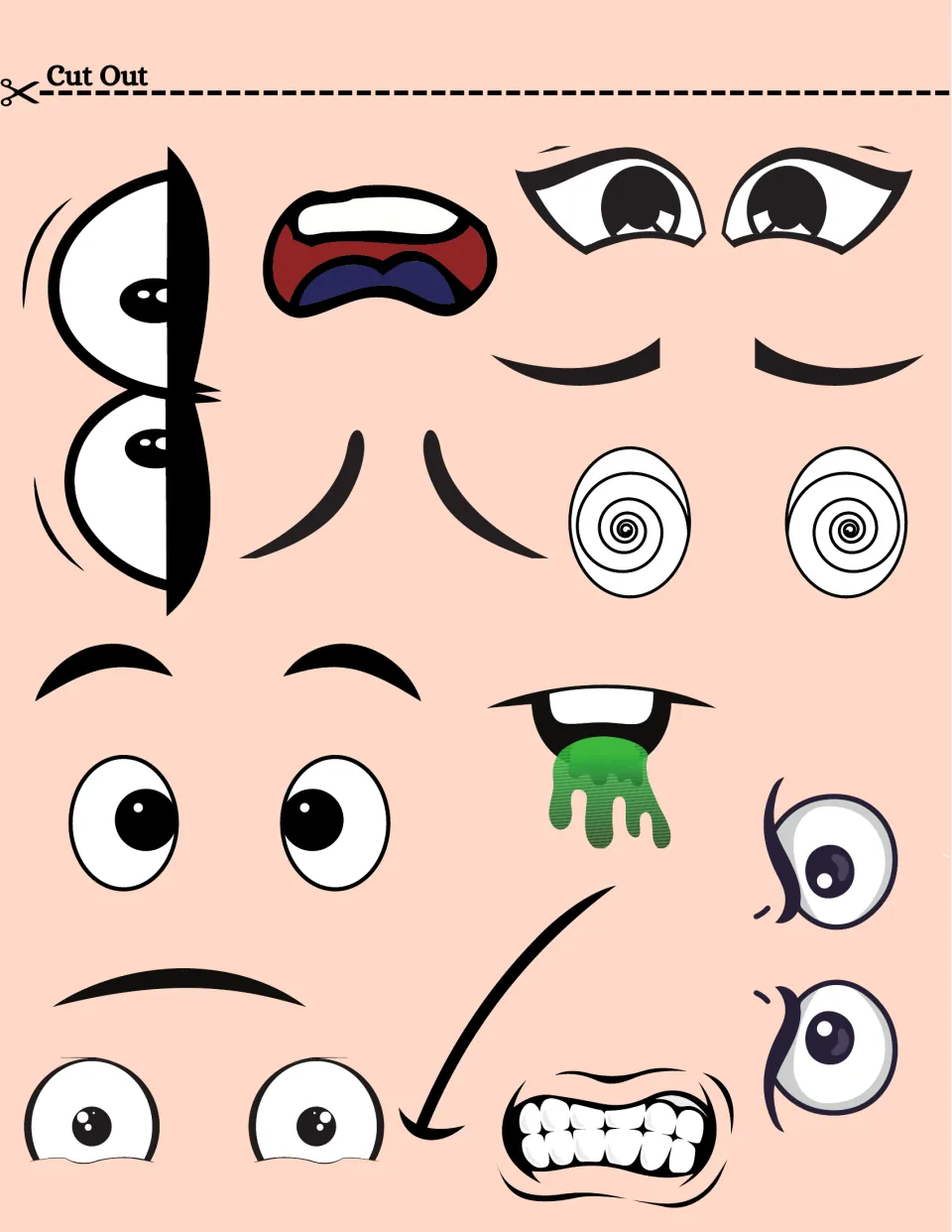 Second facial-feature cutout sheet for the light-skinned face: spiral eyes, worried brows, and sick mouth