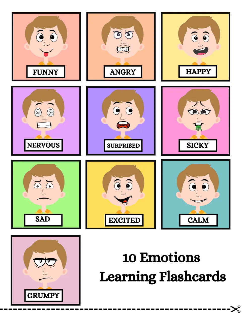 Ten light-skinned character emotion flashcards: funny, angry, happy, nervous, surprised, and five more