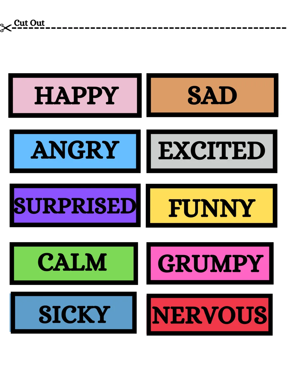 First emotion label cutouts: happy, sad, angry, excited, surprised, funny, calm, grumpy, sicky, and nervous