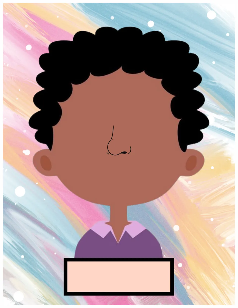 Emotion face template of a brown-skinned child with curly black hair and a nose for facial-feature cutouts