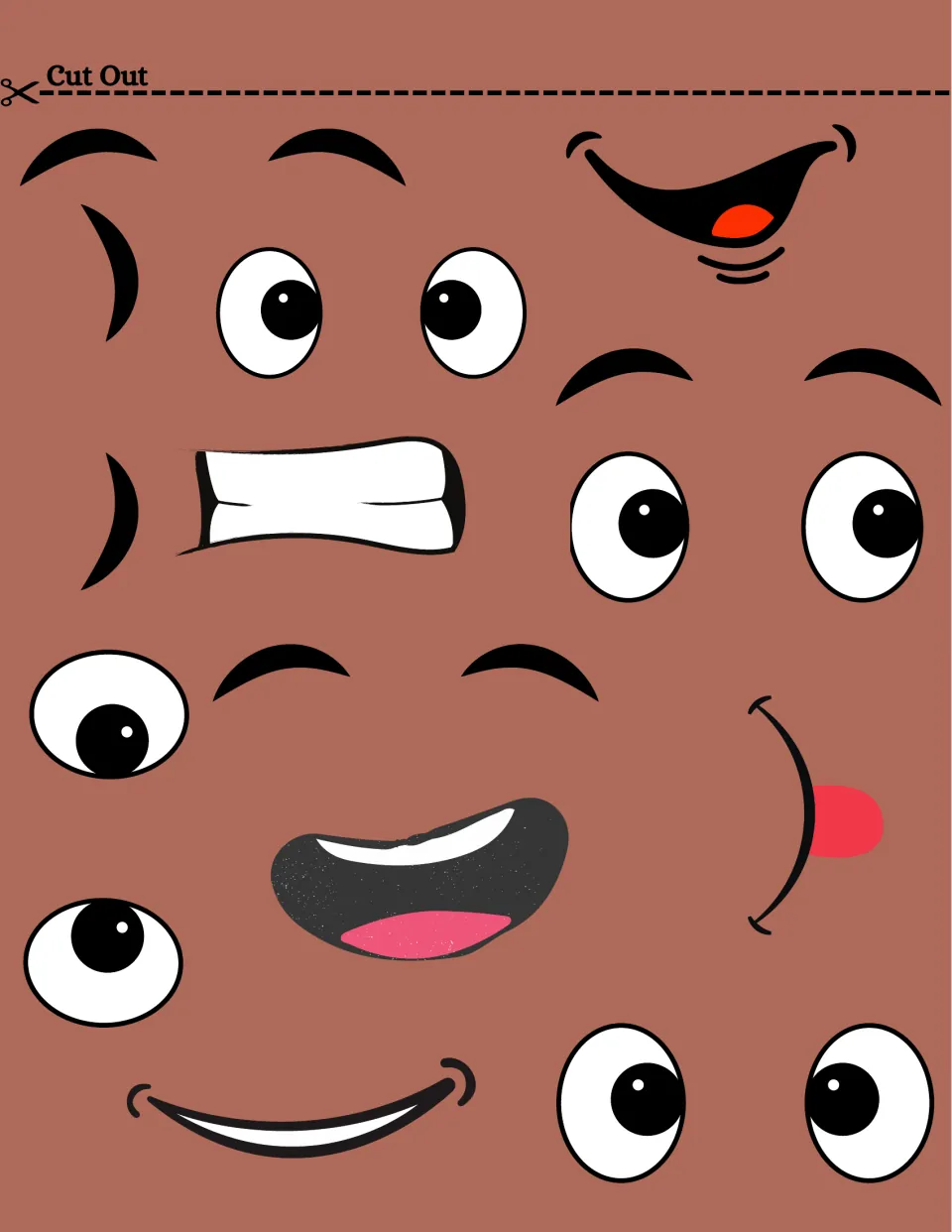 First facial-feature cutout sheet for the brown-skinned face: eyes, eyebrows, smiles, and tongue-out mouth