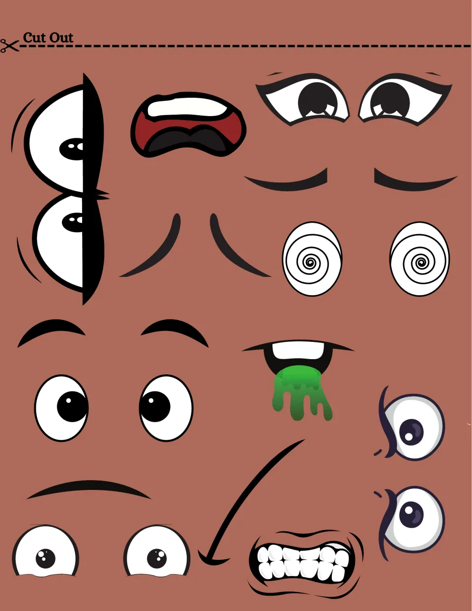Second facial-feature cutout sheet for the brown-skinned face: spiral eyes, angry eyes, and gritted teeth
