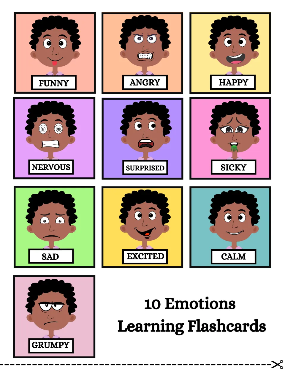 Ten brown-skinned character emotion flashcards: funny, angry, happy, nervous, surprised, and five more