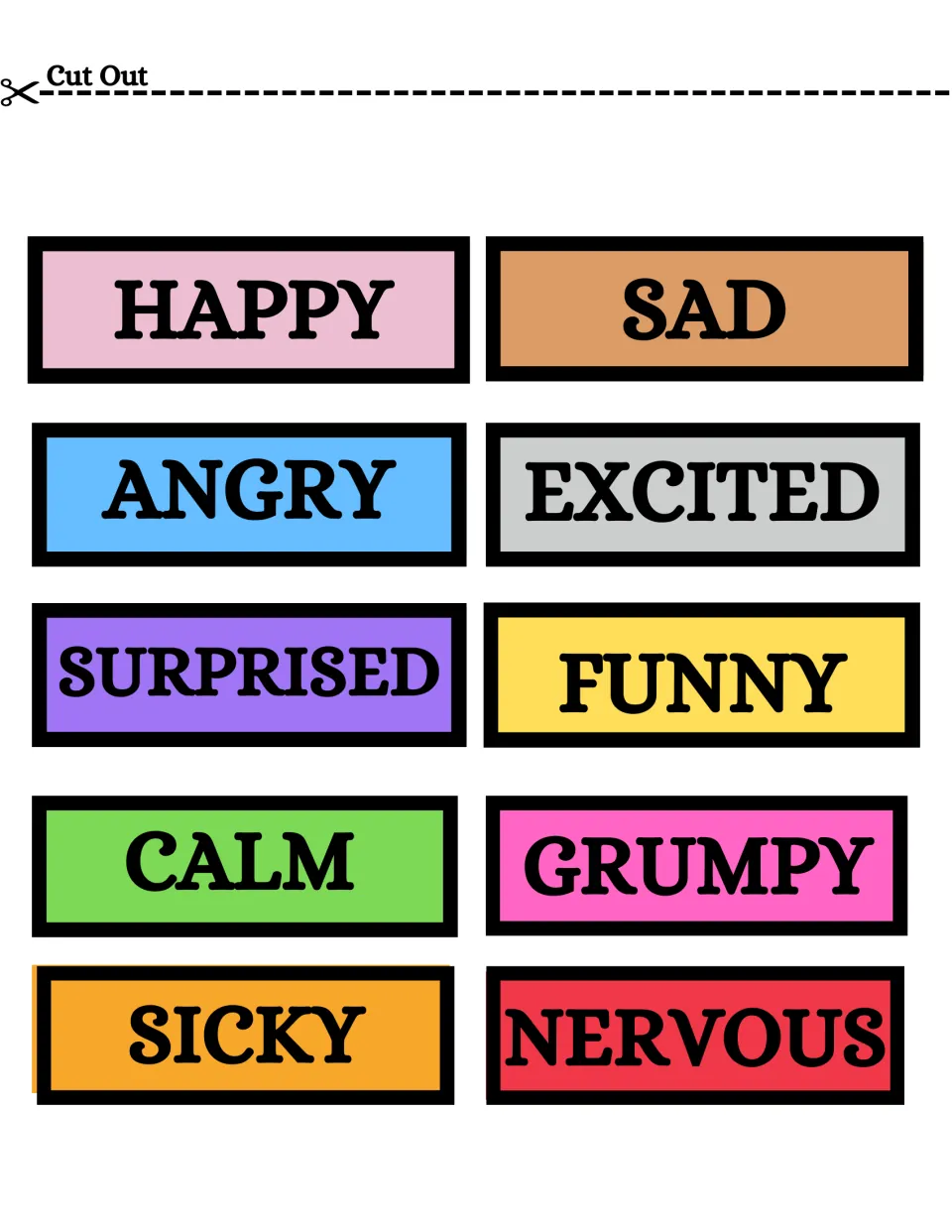 Second emotion label cutouts: happy, sad, angry, excited, surprised, funny, calm, grumpy, sicky, and nervous