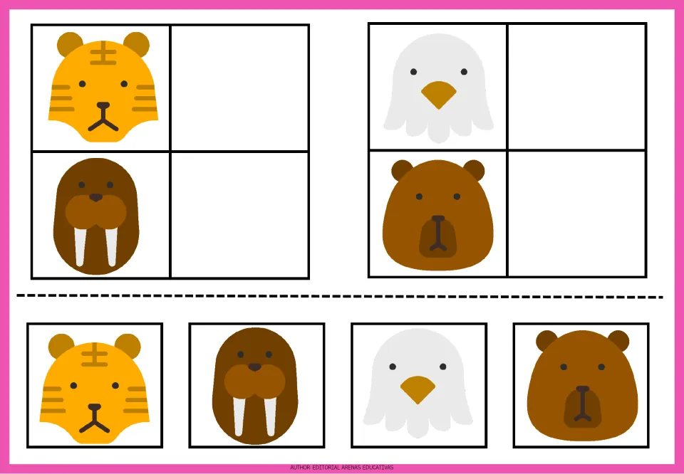 Animal matching exercises 1–4: tiger, walrus, eagle, and bear pictures with matching cutouts for each animal