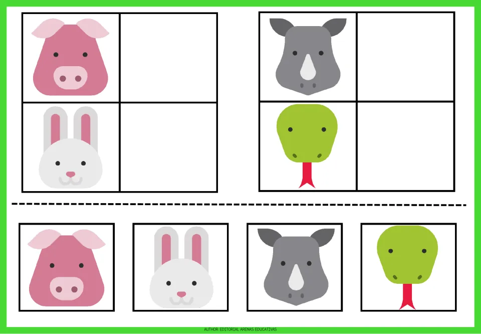 Animal matching exercises 5–8: pig, rabbit, rhinoceros, and snake pictures with matching animal cutouts