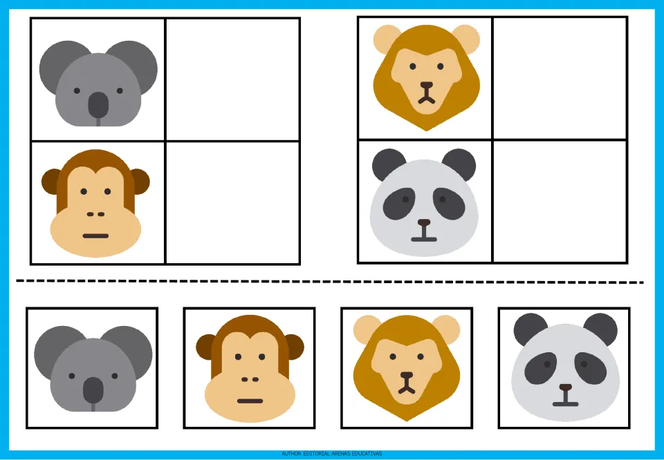 Animal matching exercises 9–12: koala, monkey, lion, and panda pictures with matching cutouts for each animal