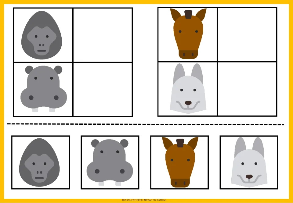 Animal matching exercises 13–16: gorilla, hippopotamus, horse, and wolf pictures with matching cutouts