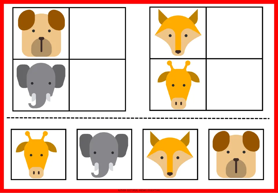Animal matching exercises 17–20: dog, elephant, fox, and giraffe pictures with matching animal cutouts