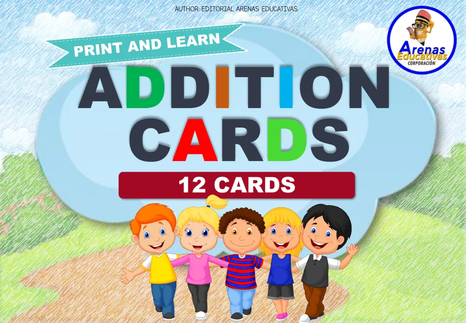 Addition Cards cover: Print and Learn title, a 12 Cards banner and five cartoon children walking arm in arm