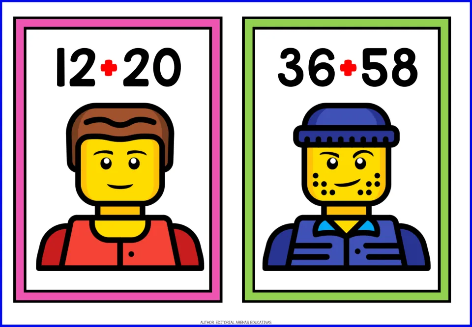 2-digit addition flashcards: students solve 12 + 20 and 36 + 58, each card showing a toy block-figure character