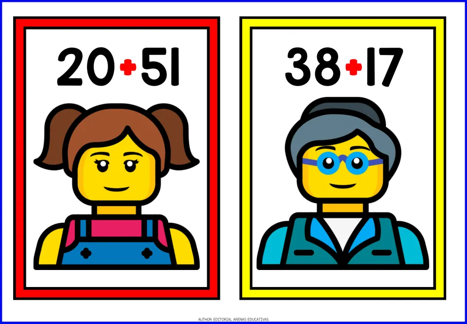 Two-digit addition cards for 20 + 51 and 38 + 17, one with a pigtailed figure and one with a figure in glasses