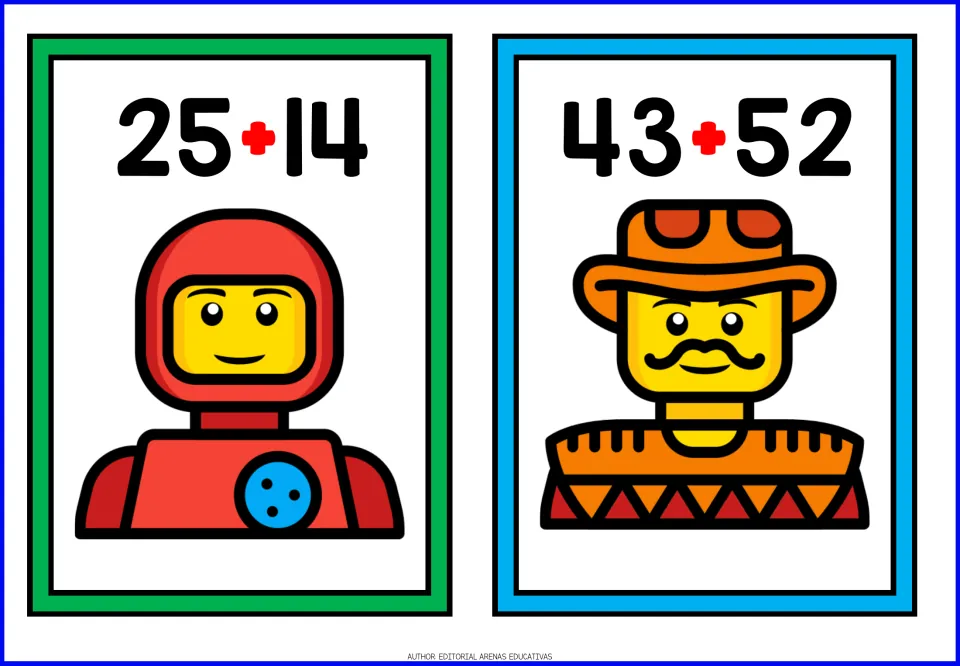 Addition flashcards 25 + 14 and 43 + 52: students find each sum; cards picture an astronaut and a mustached cowboy