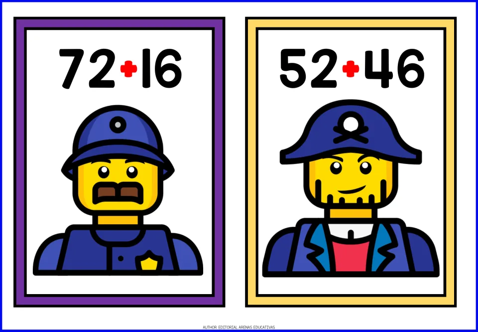 Two-digit sums on cards: 72 + 16 with a police officer figure and 52 + 46 with a pirate captain figure
