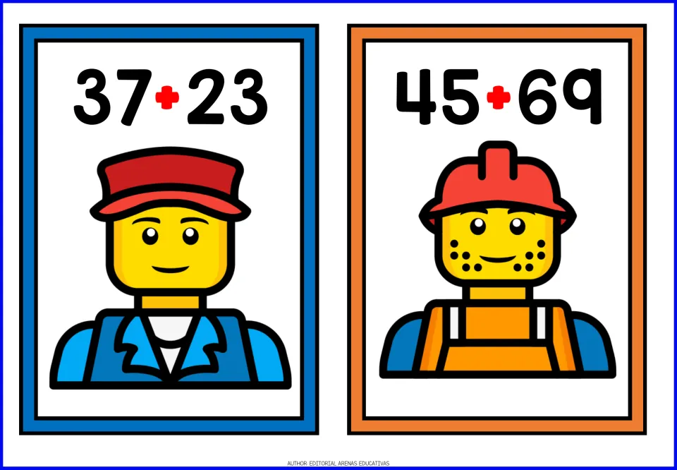 Adding with regrouping: flashcards 37 + 23 and 45 + 69, showing a figure in a red cap and a construction worker