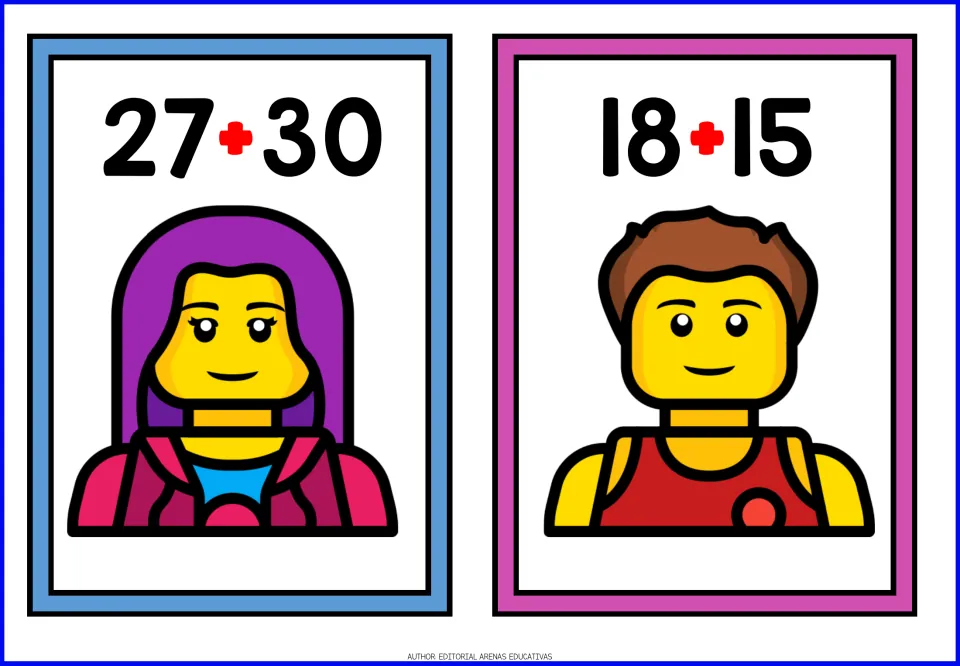 Two-digit addition cards for 27 + 30 and 18 + 15, pictured with a purple-haired figure and a figure in a red tank top