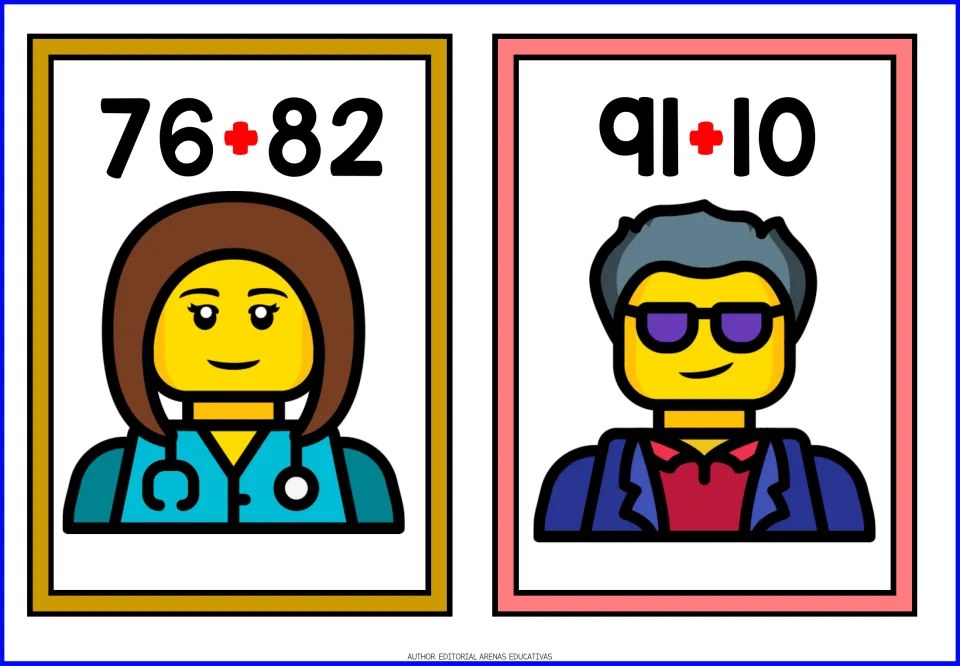 Addition flashcards with sums over 100: 76 + 82 with a doctor figure and 91 + 10 with a figure in sunglasses