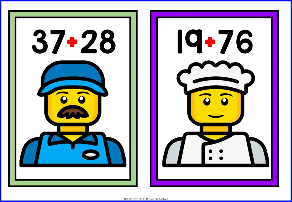 Two-digit addition with regrouping: students solve 37 + 28 and 19 + 76 on cards showing a worker and a chef figure