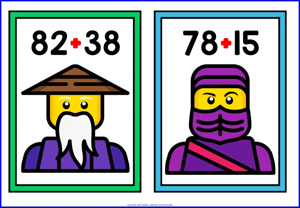 Addition cards 82 + 38 and 78 + 15: students add each pair; characters are a bearded sage and a purple ninja figure