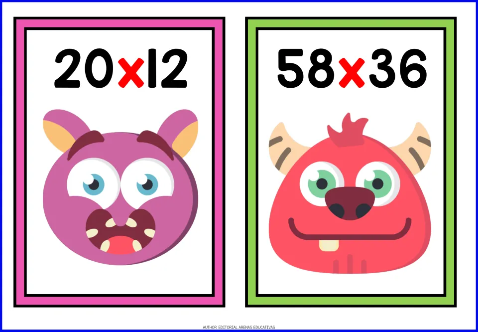 Two-digit multiplication flashcards: students solve 20 x 12 and 58 x 36, shown above a purple monster and a red monster