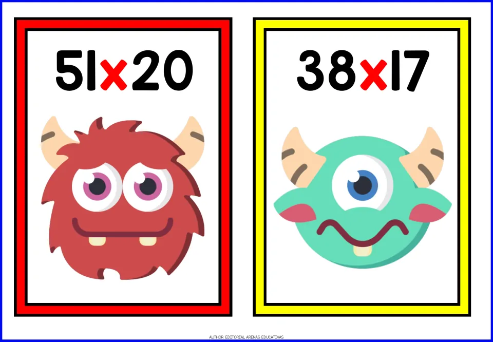 Multiplying 2-digit numbers: flashcards ask students to find 51 x 20 and 38 x 17, with a furry red and a one-eyed monster