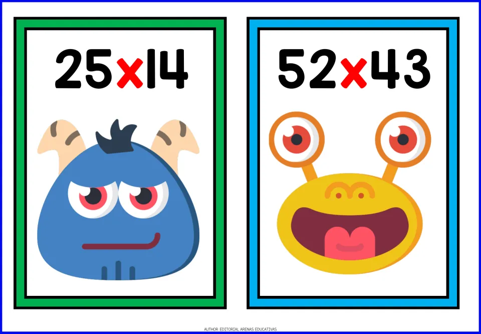 2-digit by 2-digit flashcards: students multiply 25 x 14 and 52 x 43, with a blue horned and a yellow eyestalk monster