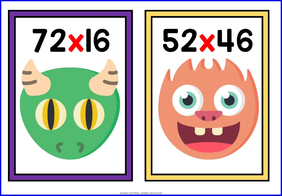 Multiplication flashcards for 72 x 16 and 52 x 46: students compute each product, with green horned and orange monsters