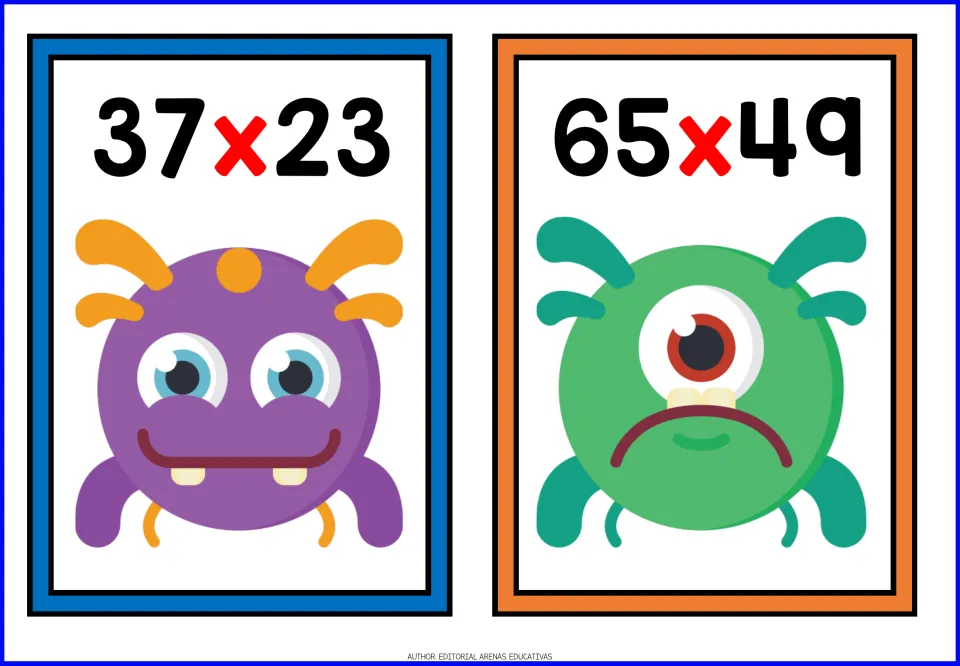 2-digit multiplication practice: cards show 37 x 23 and 65 x 49 for students to solve, with purple and green monsters