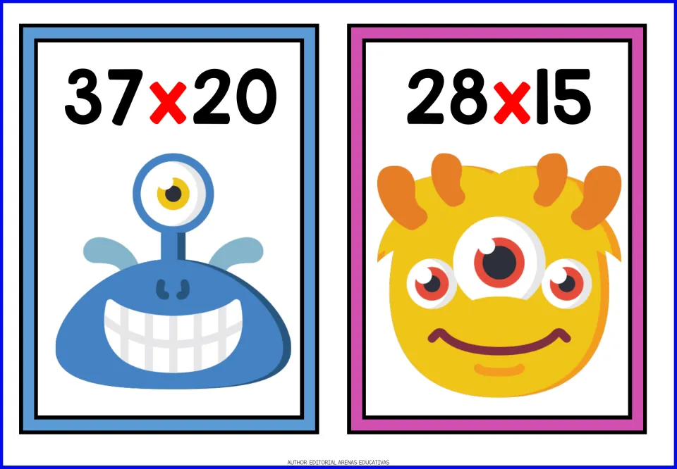 Multiplying by 2-digit numbers: students solve 37 x 20 and 28 x 15, with a blue one-eyed and a yellow three-eyed monster