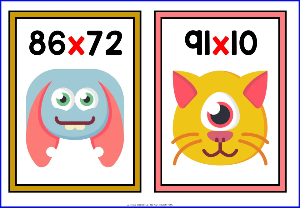 Multi-digit multiplication cards: students find 86 x 72 and 91 x 10, with a long-eared blue monster and a one-eyed cat