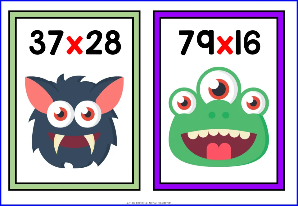 Products of 2-digit factors: students multiply 37 x 28 and 79 x 16, with a fanged dark monster and a green three-eyed one