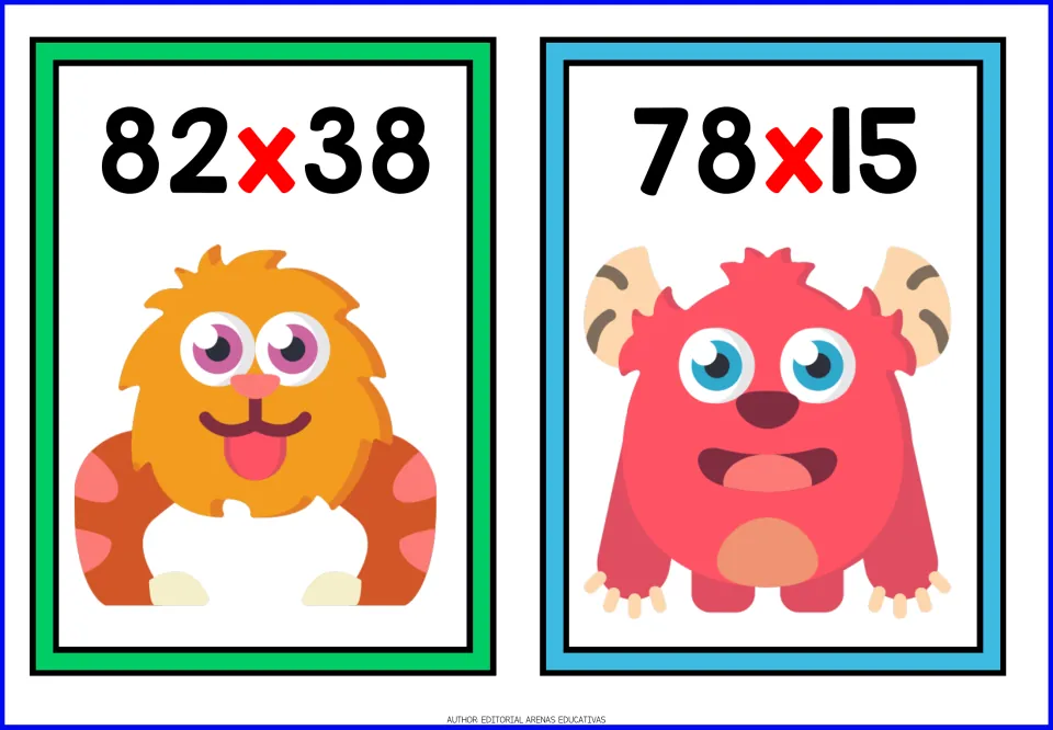 Multiplying two 2-digit numbers: students work out 82 x 38 and 78 x 15, with a furry orange monster and a pink horned one